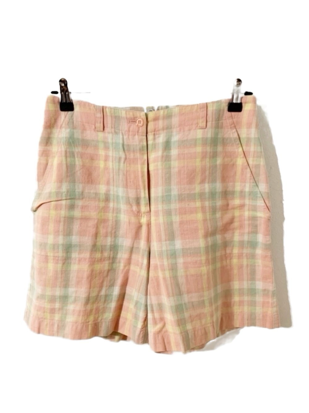 Jones New York Sport Linen Blend Madras Plaid High Waisted Shorts Patch Pockets